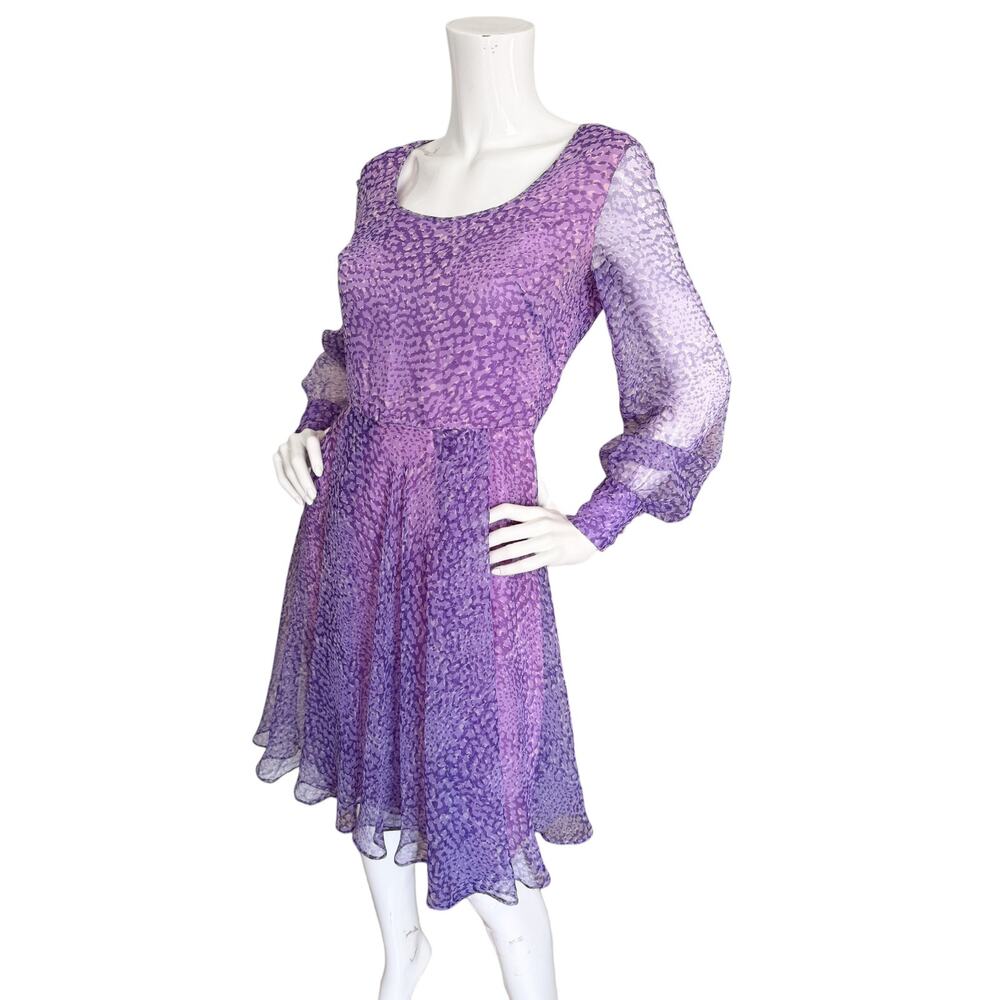 Vintage 70s Adele Simpson Purple Chiffon Fit n Flare Dress Cocktail Dress Small - Picture 3 of 6